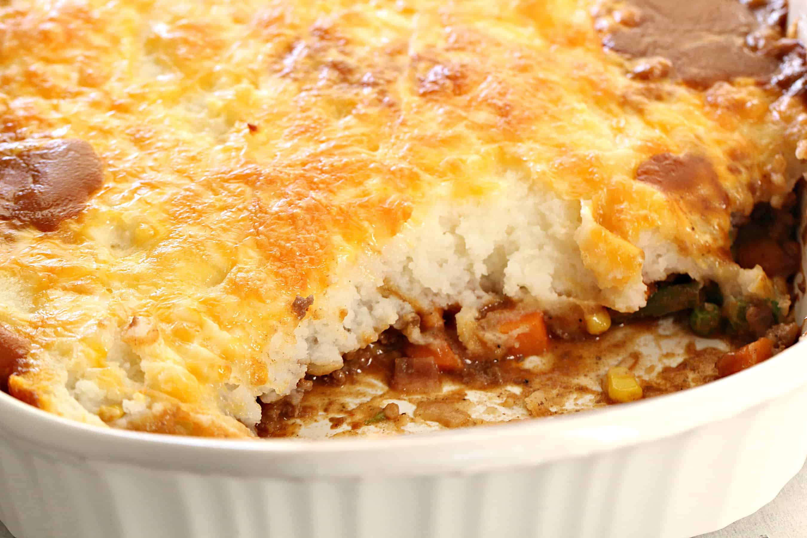 Shepherd's Pie in a white casserole dish