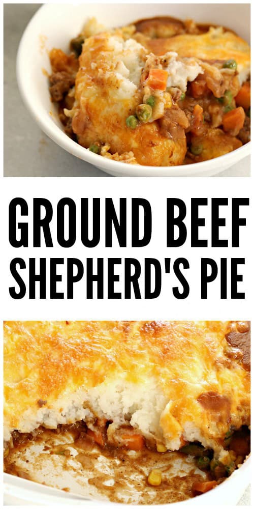 Ground beef shepherd's pie in a bowl and in a casserole dish