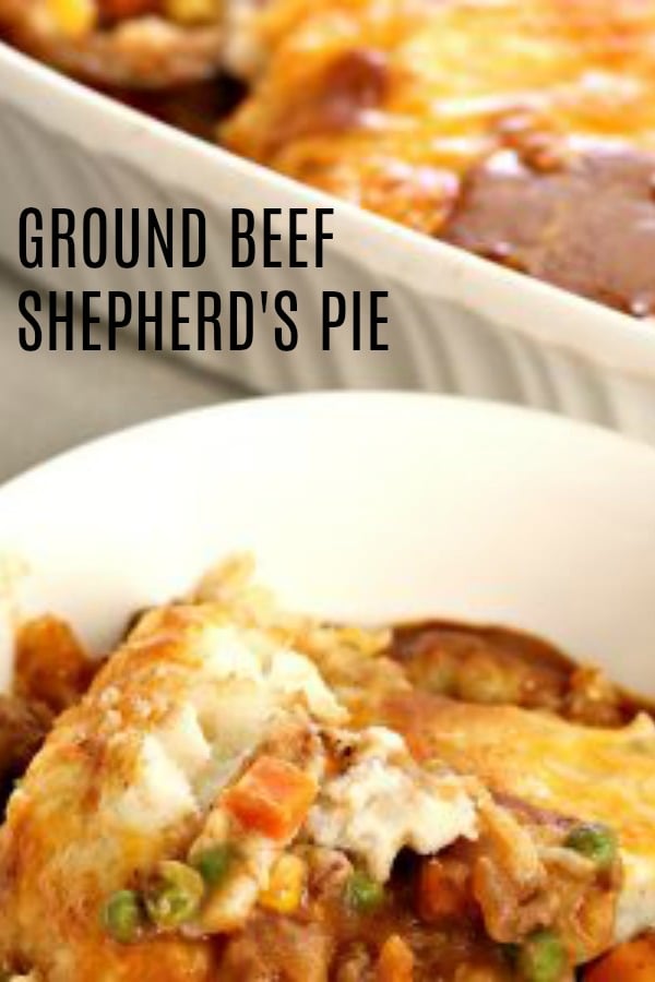 Ground Beef Shepherd's Pie in casserole dish.
One serving on a plate