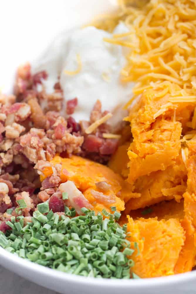 Cheese, chives and Bacon mixed with a sweet potato