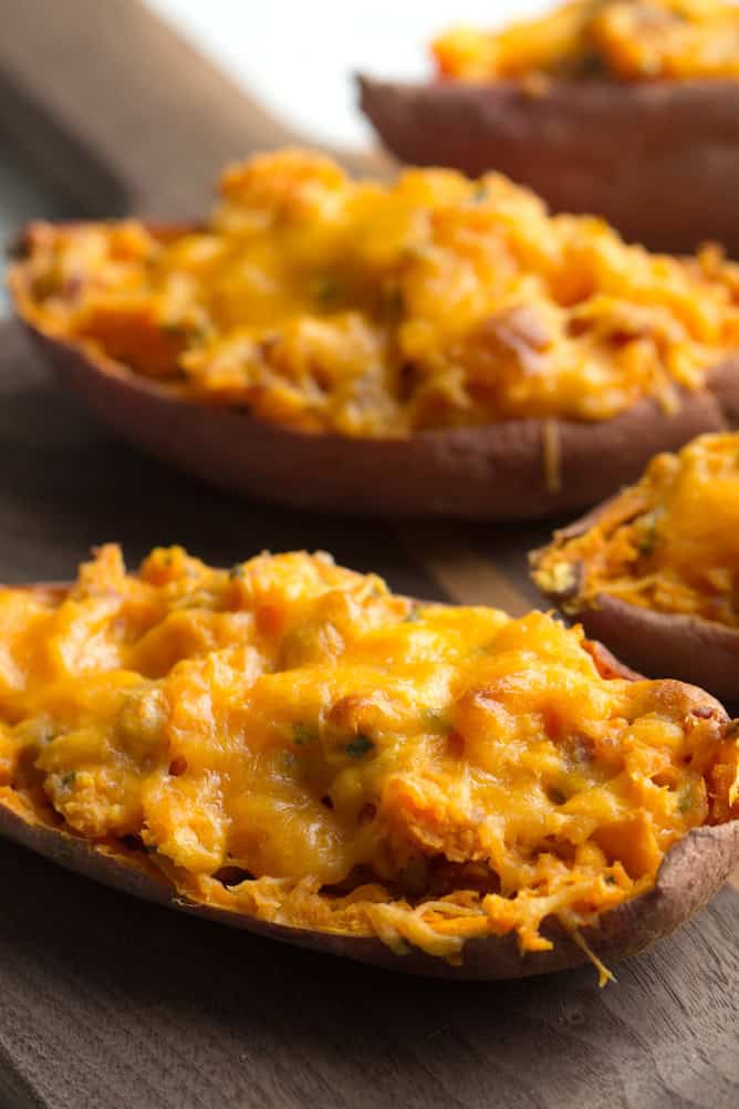 Twice Baked Sweet Potatoes with melted cheese on top