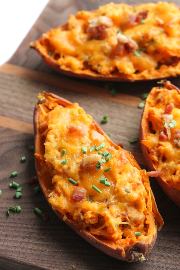 Twice Baked Sweet Potatoes with bacon and chives