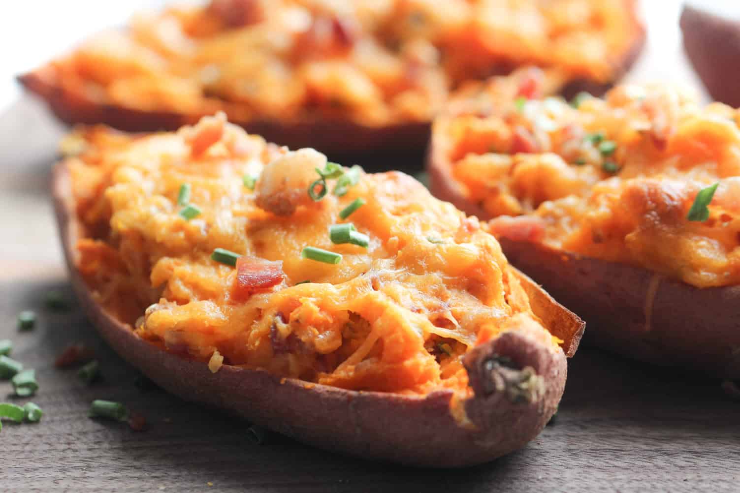 Twice Baked Bacon and Chive sweet potatoes