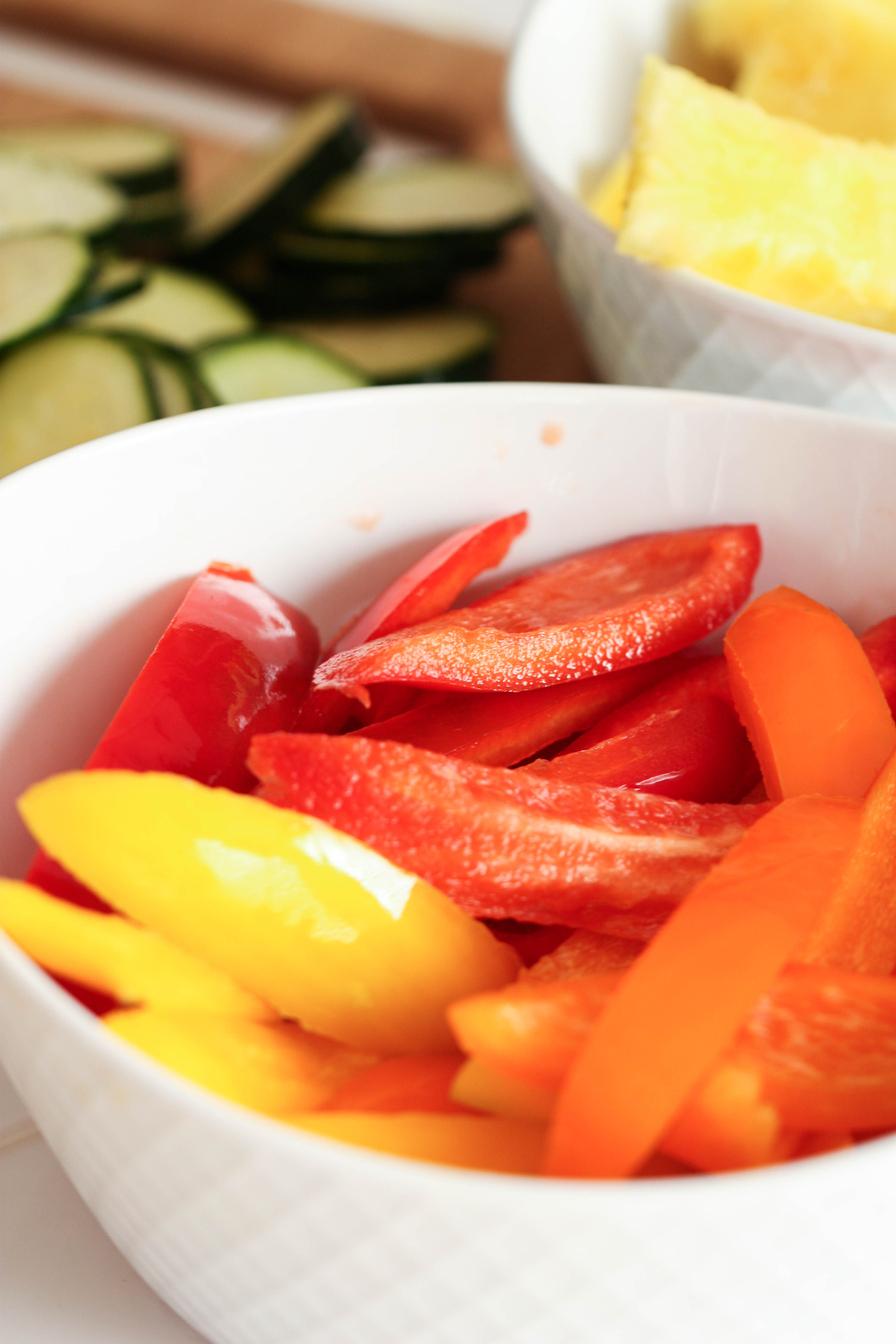 3 kinds of chopped pepper this recipe: red, yellow, and orange