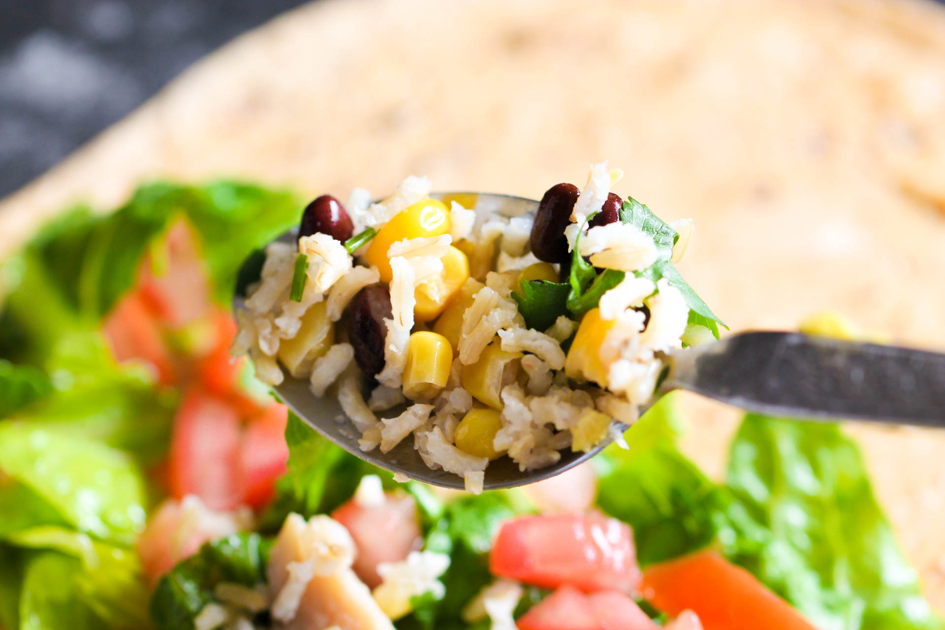 A spoonful of rice. corn, black beans and cilantro