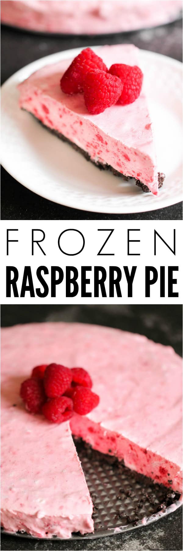 Frozen Raspberry Pie Slice on a white plate topped with fresh raspberries