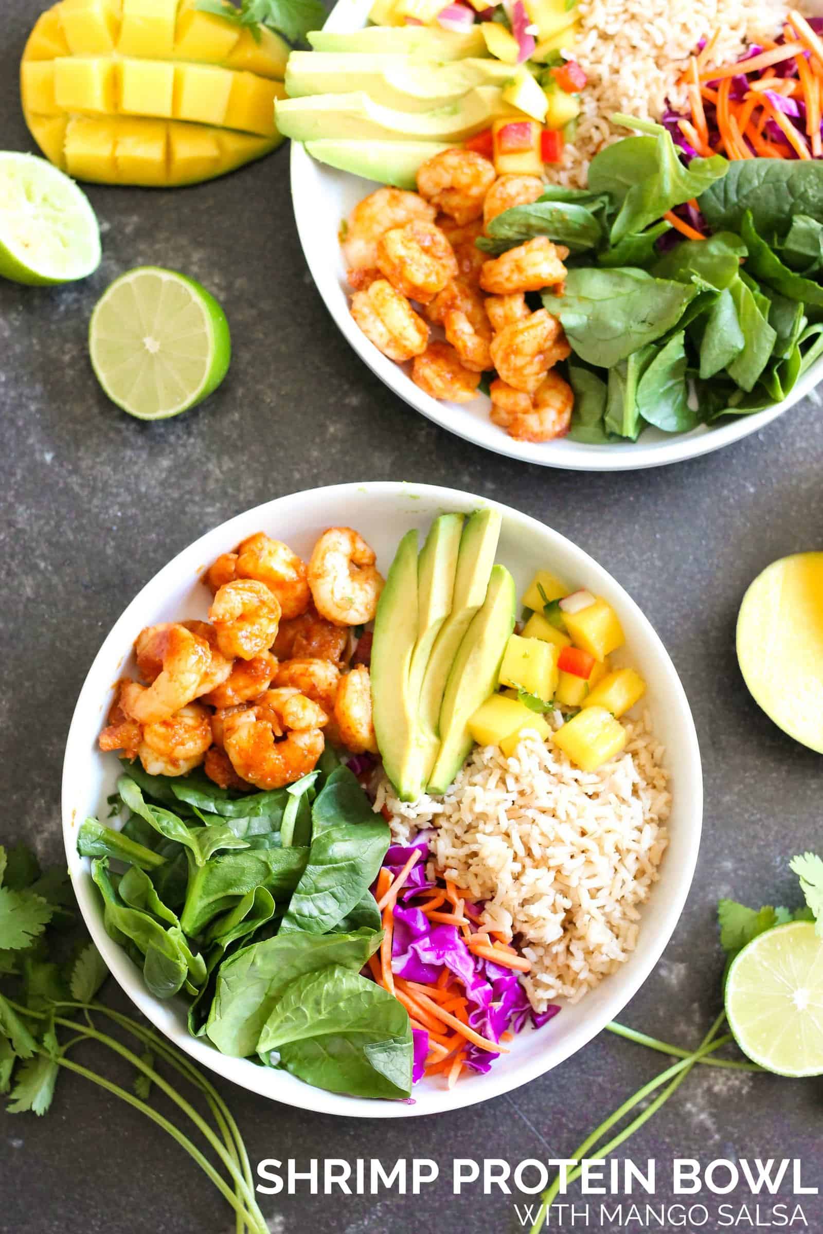 Shrimp Protein Bowls with Mango Salsa in a white bowl