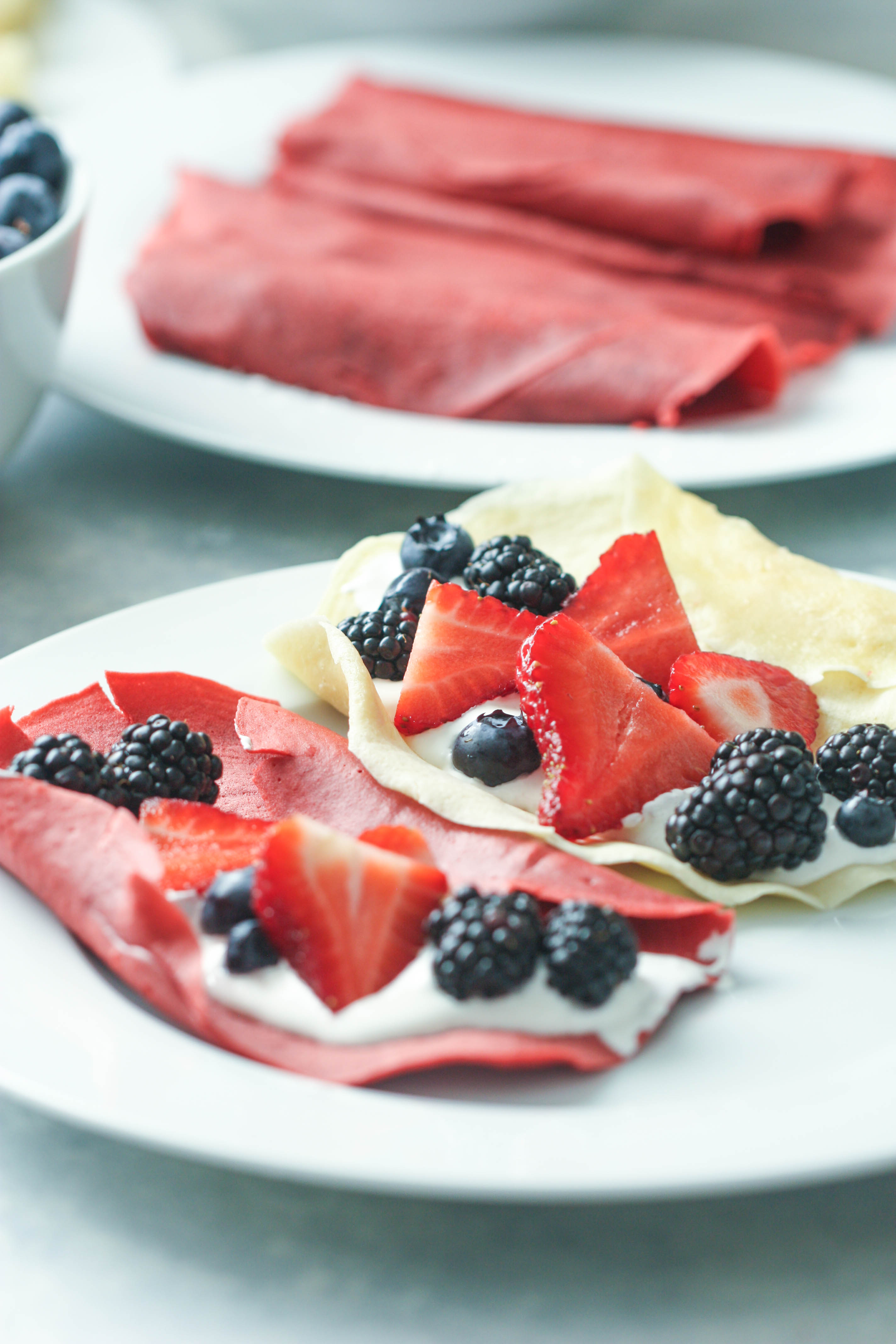 Patriotic crepes topped with filling and fresh fruit