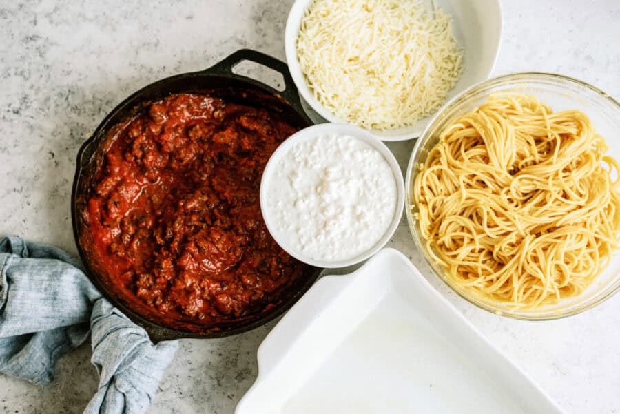 Ingredients for casserole layers with casserole dish