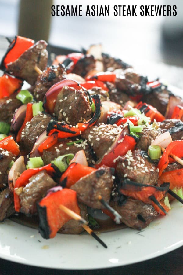 Sesame Asian Steak Skewers on a plate