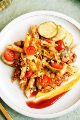 A serving of Easy Cheeseburger Casserole on a plate
