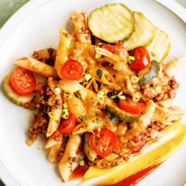 A serving of Easy Cheeseburger Casserole on a plate