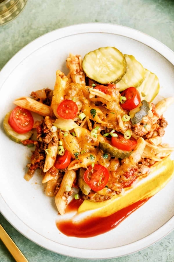 A serving of Easy Cheeseburger Casserole on a plate
