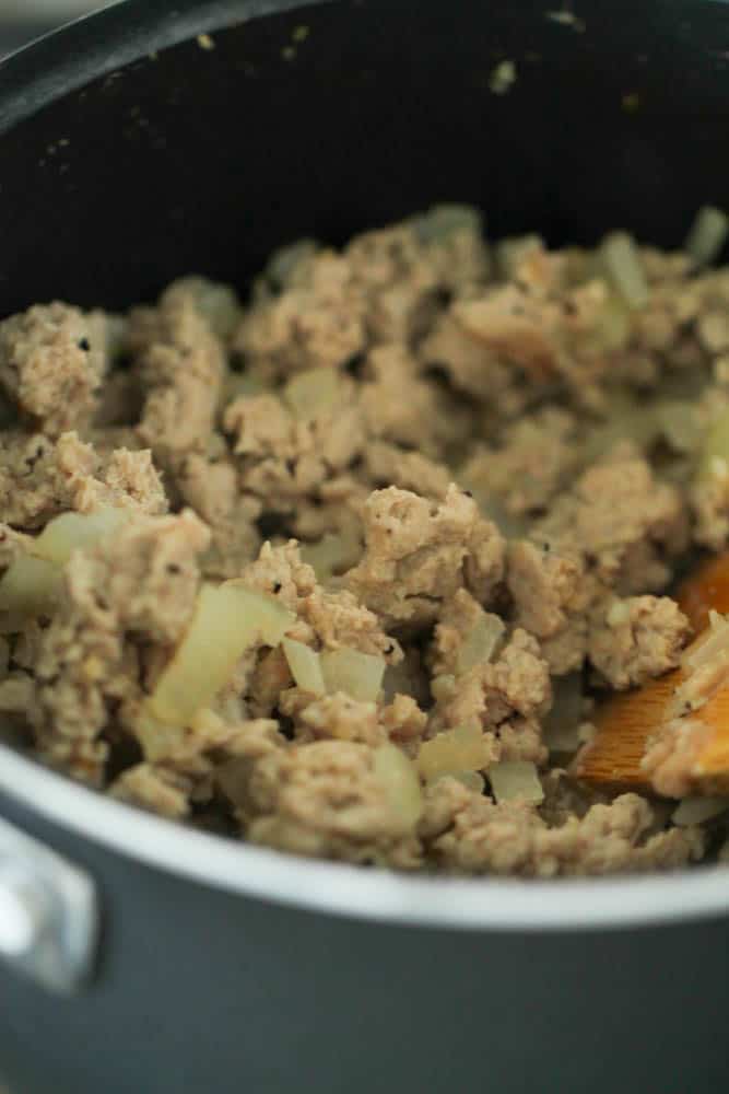 Browned ground turkey in pan