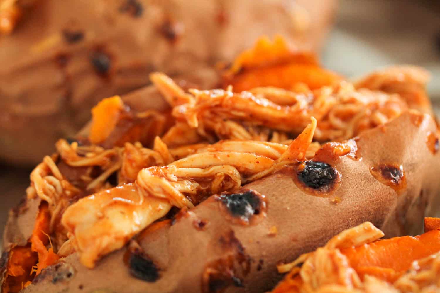 Baked Sweet Potato topped with Shredded BBQ Chicken 