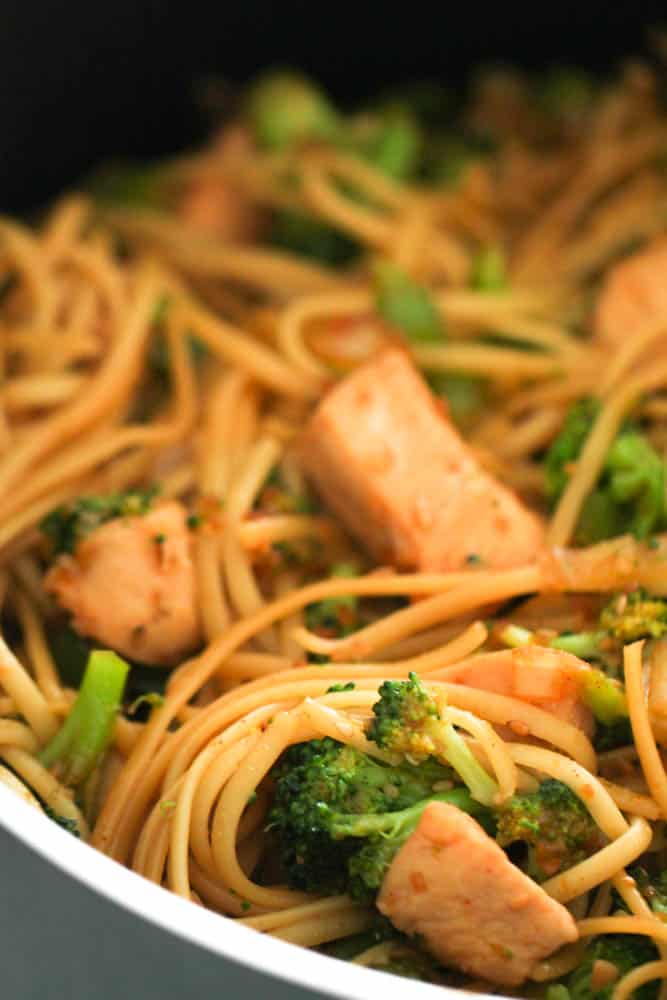 Szechuan Chicken and Noodles Recipe in white bowl