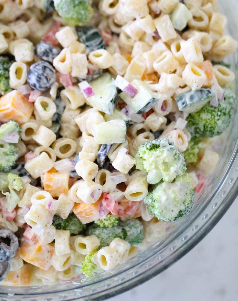 The Best Creamy Pasta Salad in a glass bowl