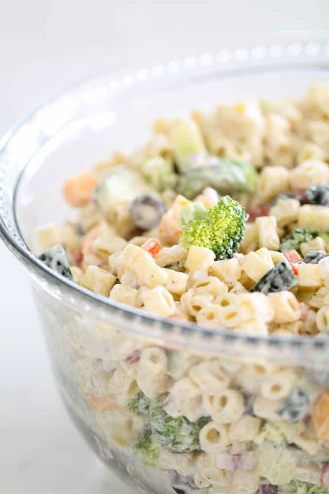 The Best Creamy Pasta Salad in a glass bowl