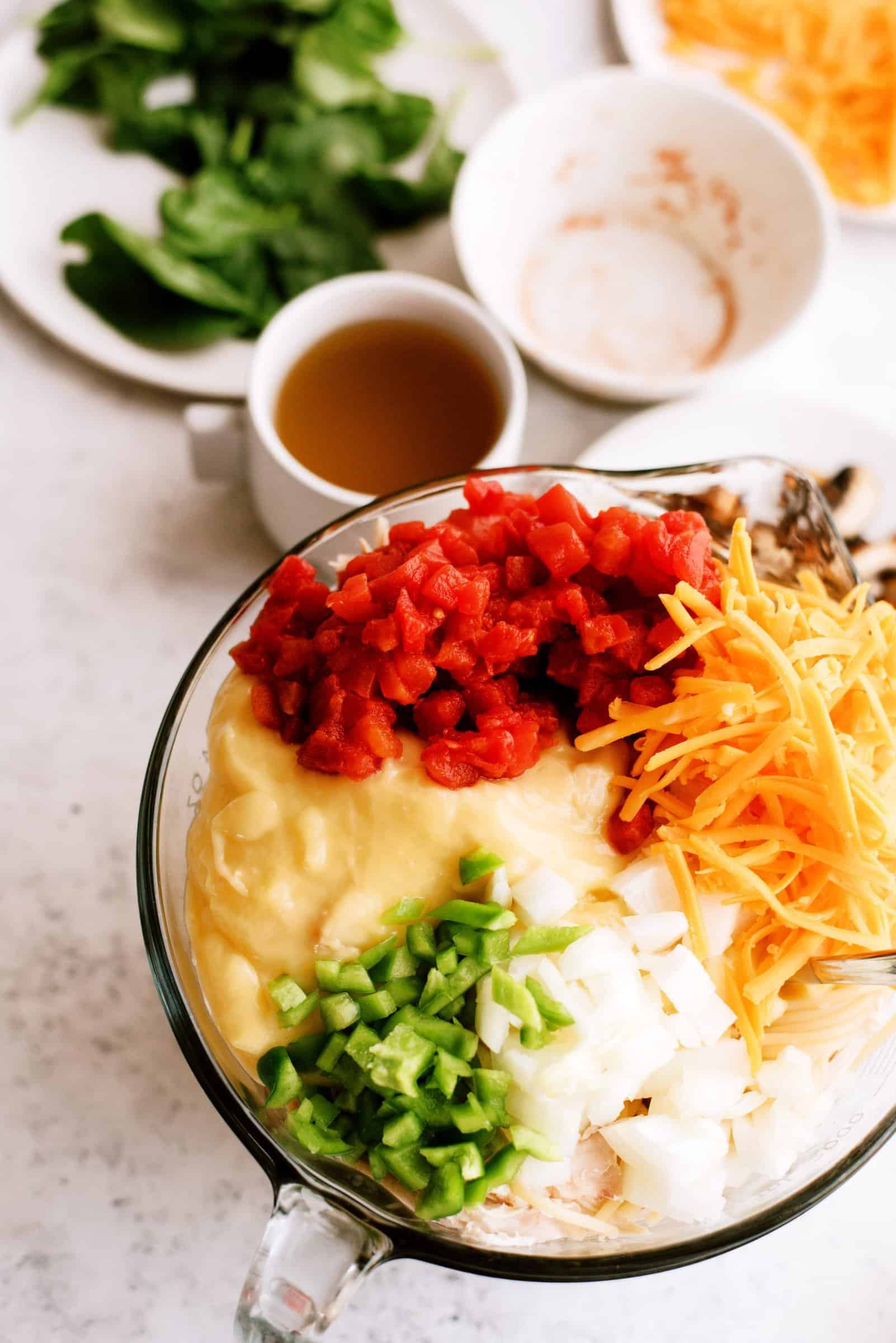 Soup  mixture ingredients mixed together in mixing bowl