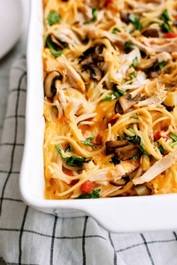 easy chicken spaghetti in a baking dish
