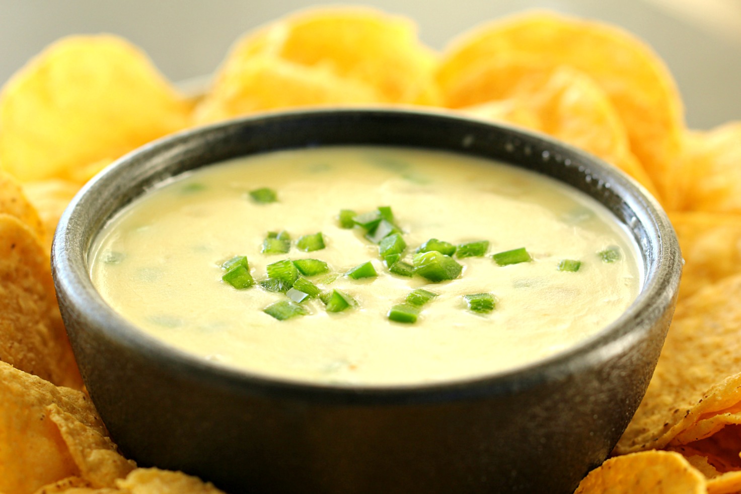 Queso Blanco Dip in a bowl surrounded by chips