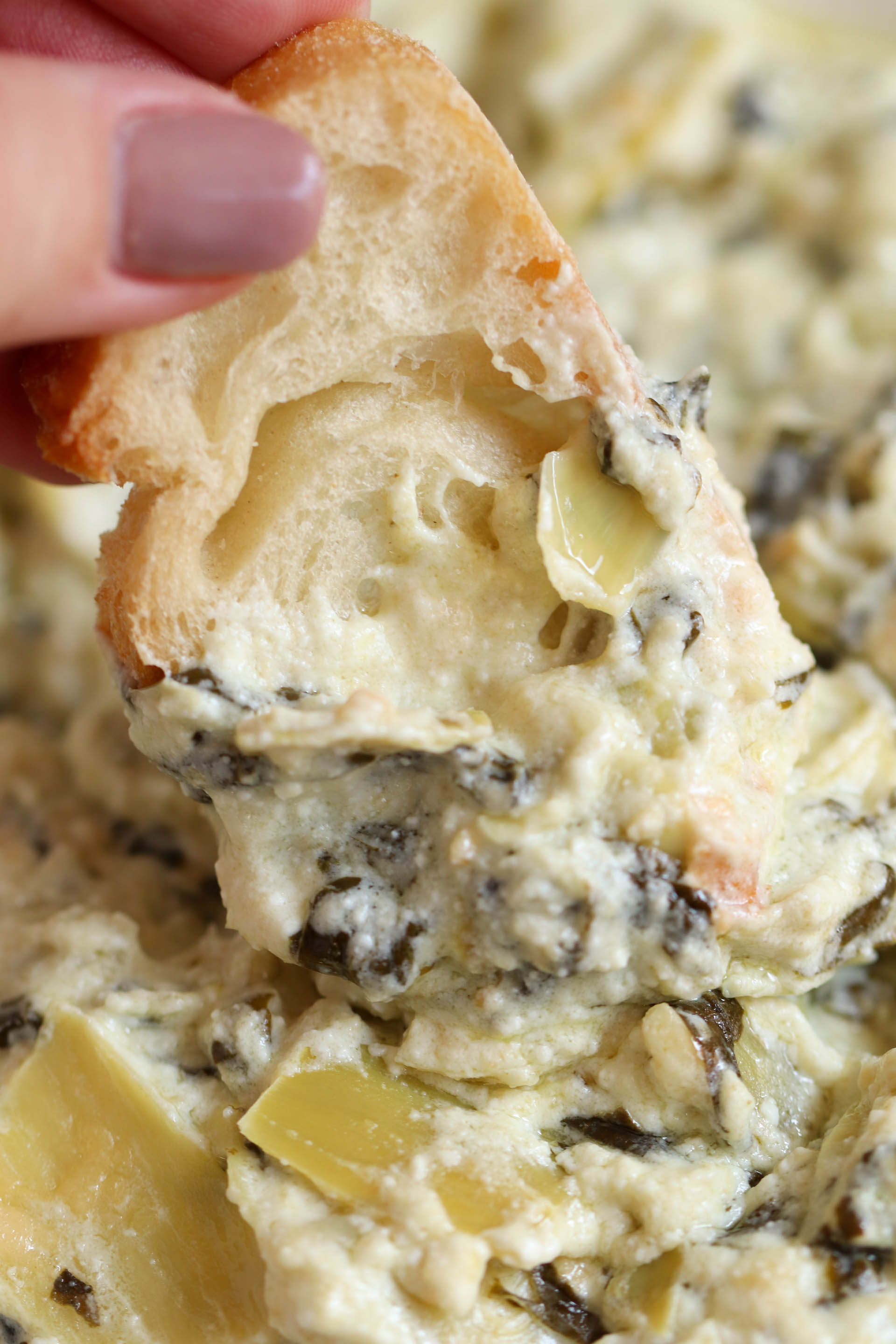piece of baguette bread being dipped in spinach artichoke dip