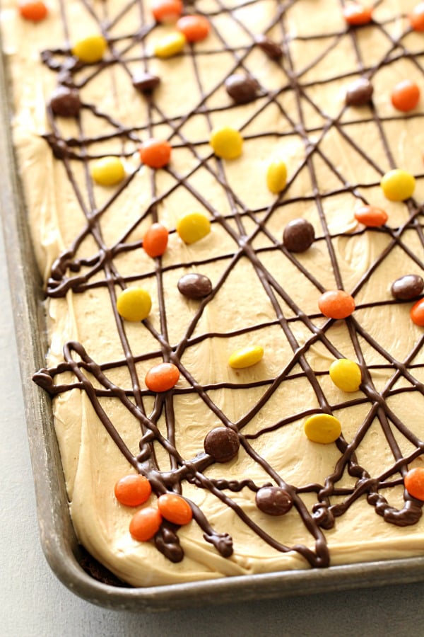Buttermilk Brownies with Peanut Butter Frosting in a sheet pan