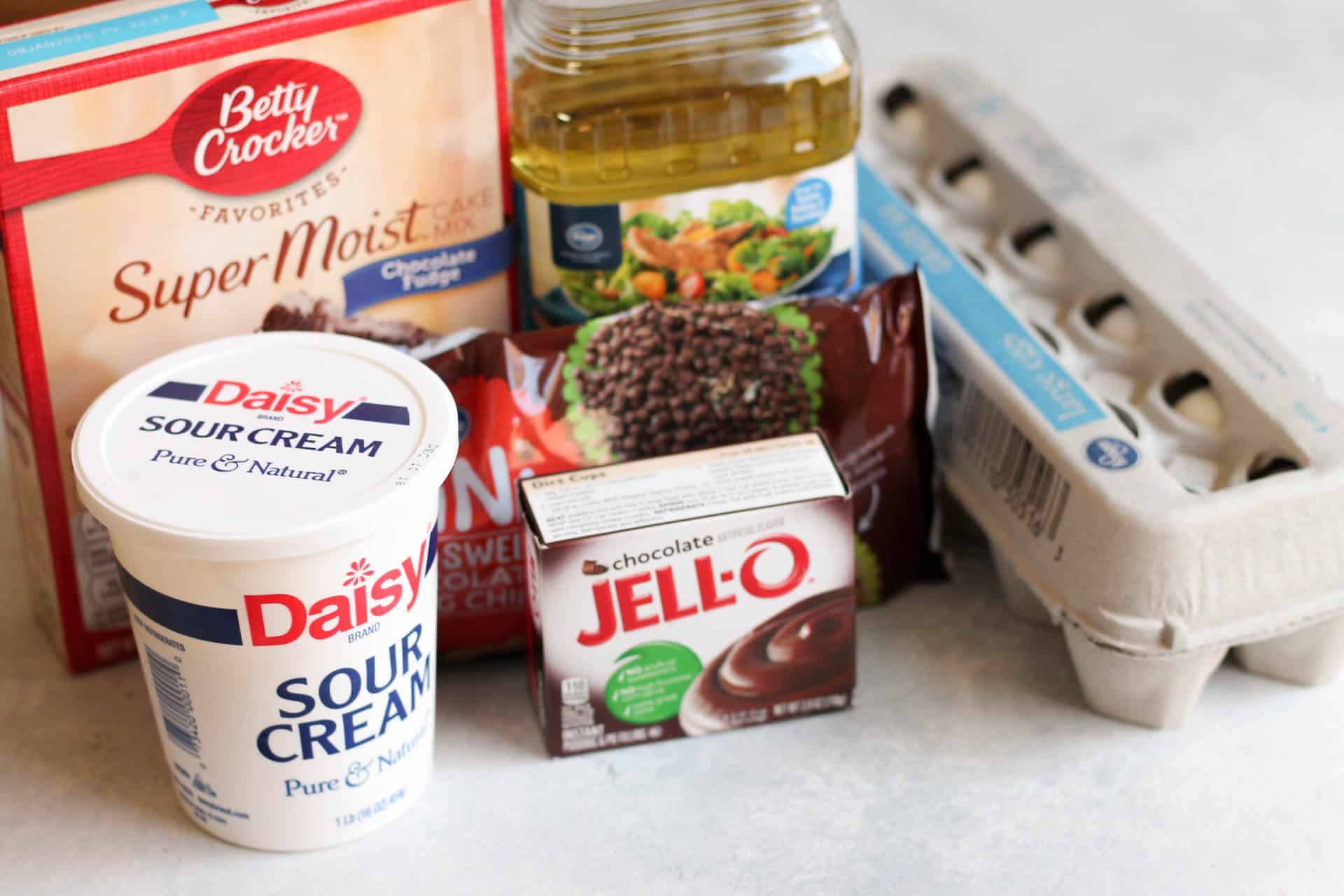 Ingredients needed to make Double Chocolate Pound Cake.