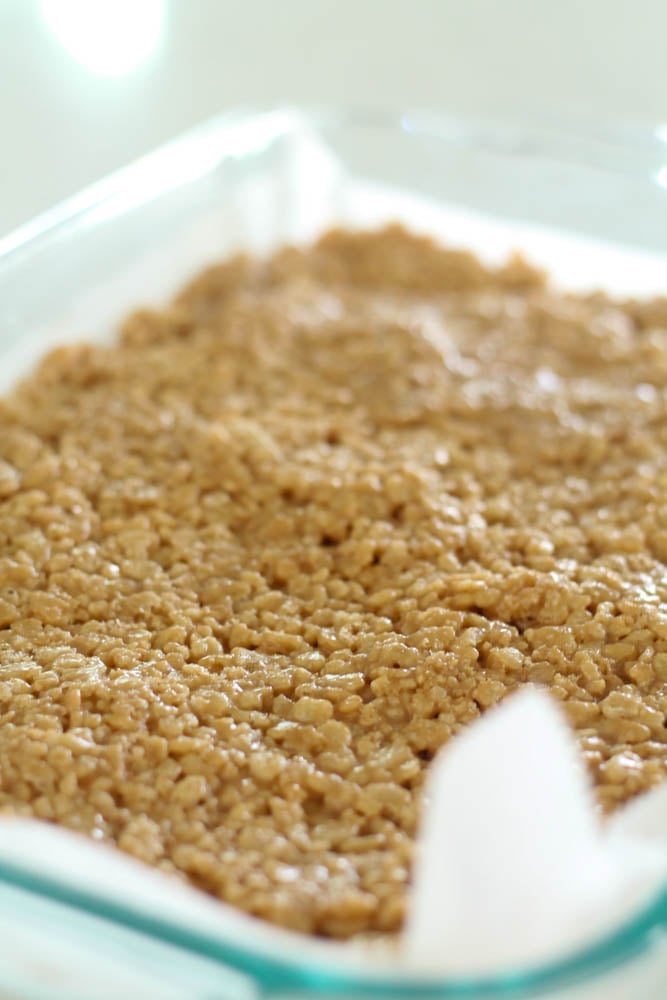 Rice Krispies pressed into a pan for No Bake Scotcheroos