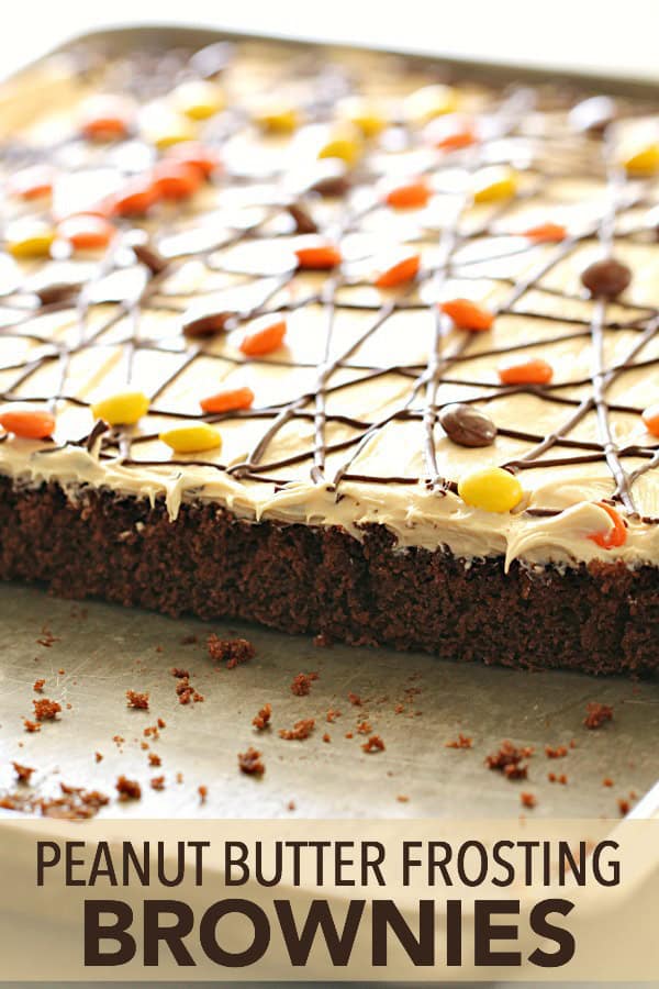 Buttermilk Brownies with Peanut Butter Frosting in a sheet pan