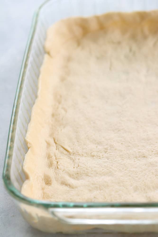 Crescent Roll dough in a 9x13 glass dish
