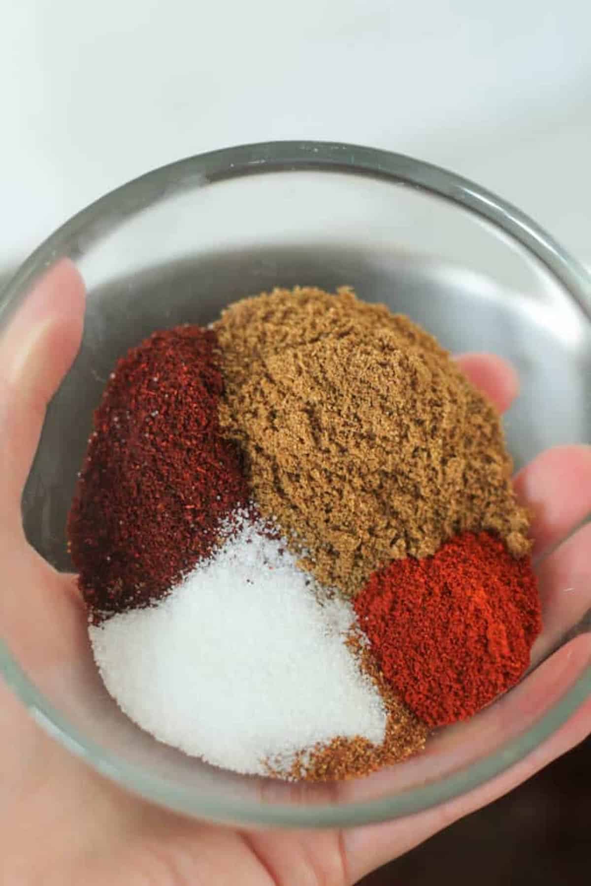 A hand holds a glass bowl containing separate piles of ground spices, including salt, chili powder, cumin, paprika, and cayenne pepper.