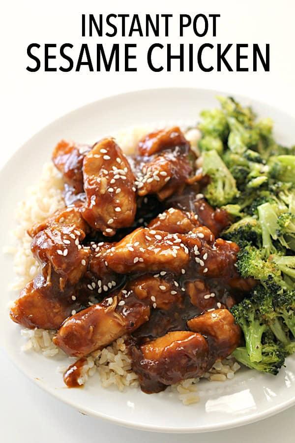 Instant Pot EASY Sesame Chicken and Rice on a plate served with broccoli