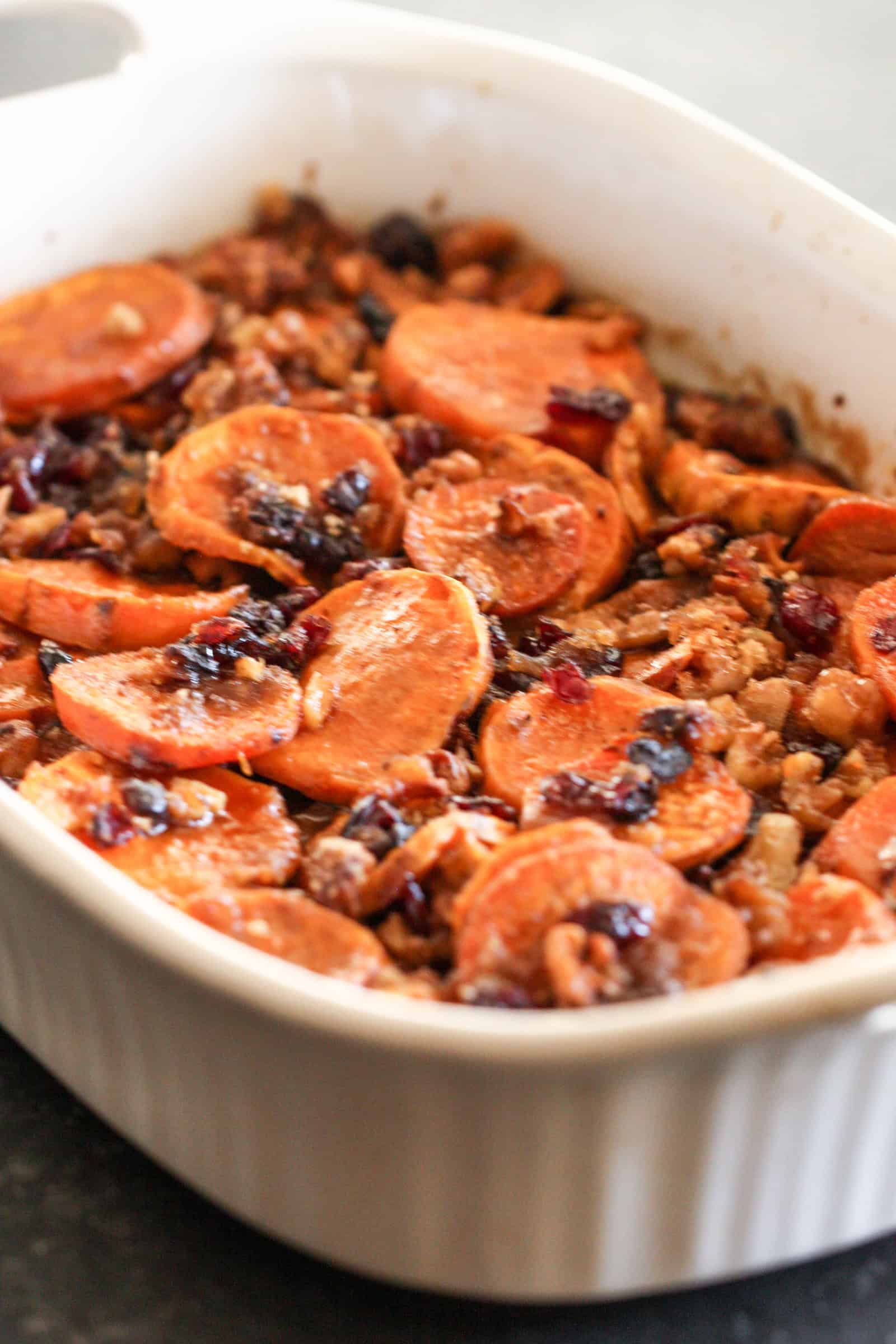 Cranberry Pecan Sweet Potato Bake in casserole dish