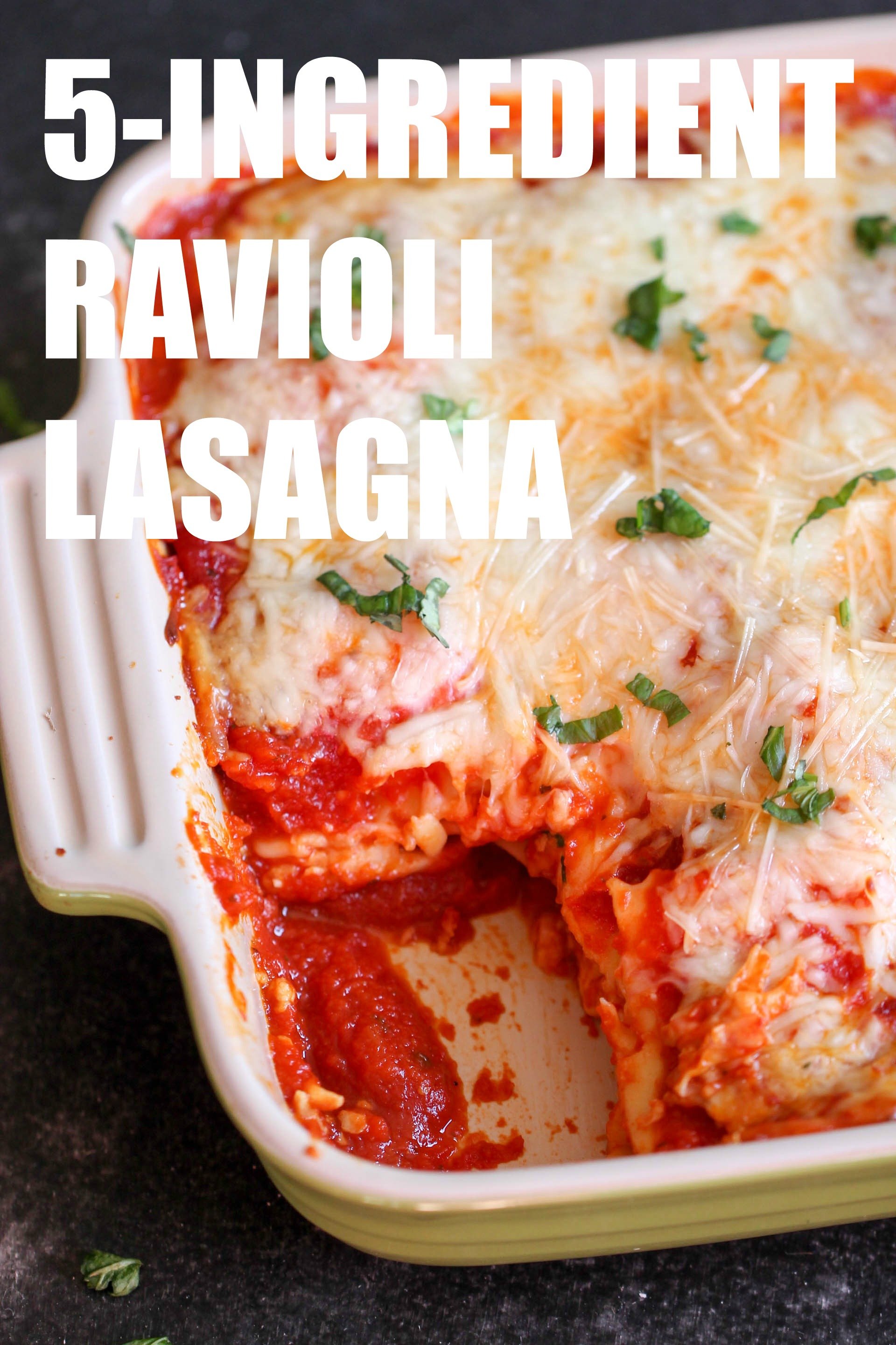 5 Ingredient Ravioli Lasagna Image with Text Overlay
