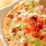 Close-up of a cheese dip topped with diced tomatoes and green onions in a white bowl.