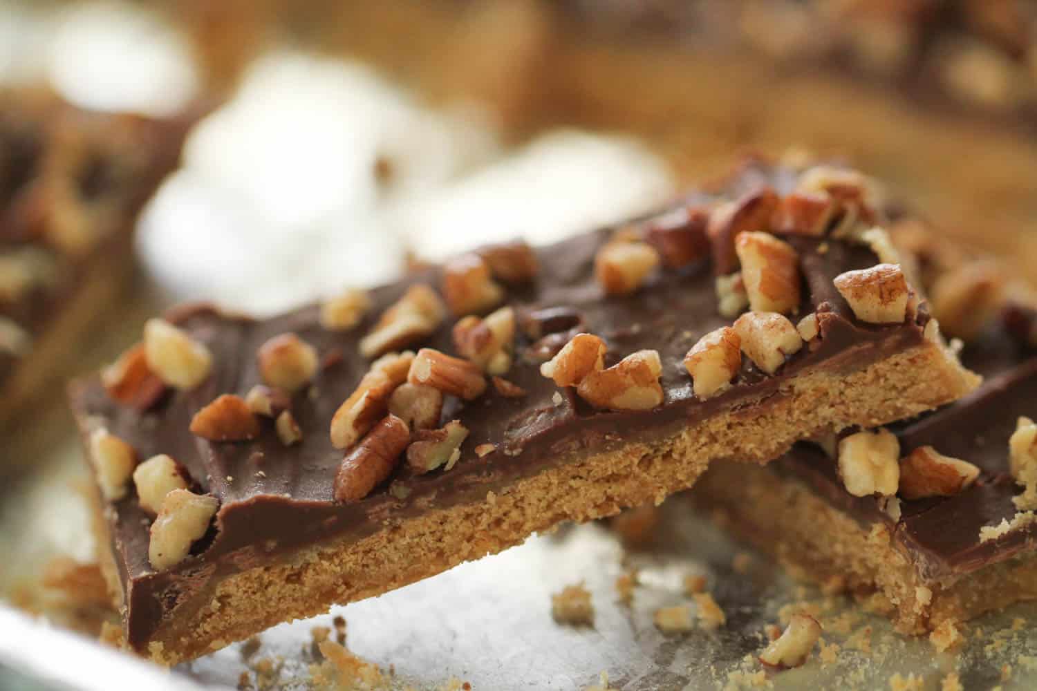 Graham Cracker Toffee Crunch broken into pieces in a pan