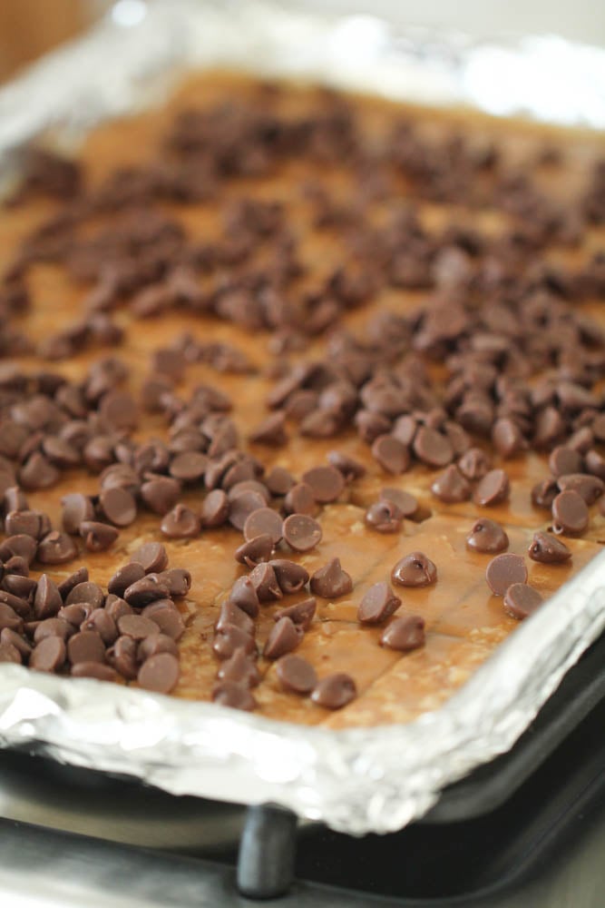 Sprinkled Chocolate chips over baked toffee