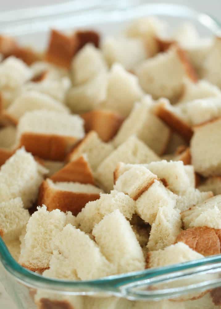 Texas Toast cut into cubes inside a 9x13 dish