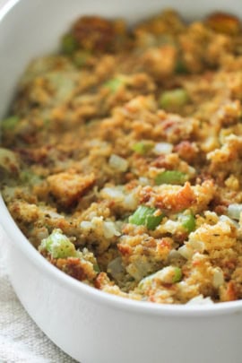 Homemade Corn Bread Dressing Recipe in pan