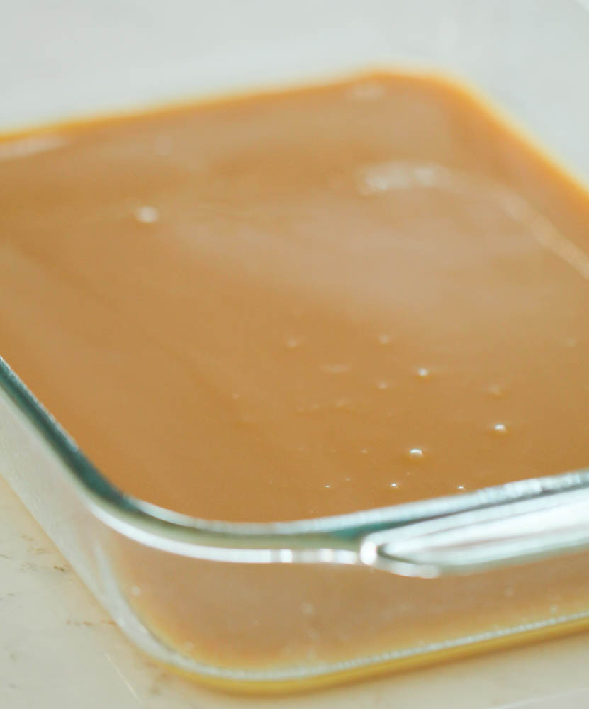 microwave caramel mixture in a 9x13 inch pan, setting up.