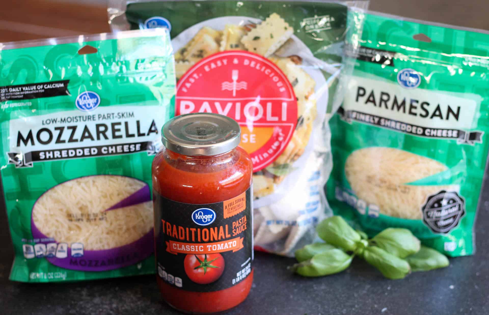 5 Ingredients in Ravioli Lasagna, cheese, sauce, and frozen ravioli