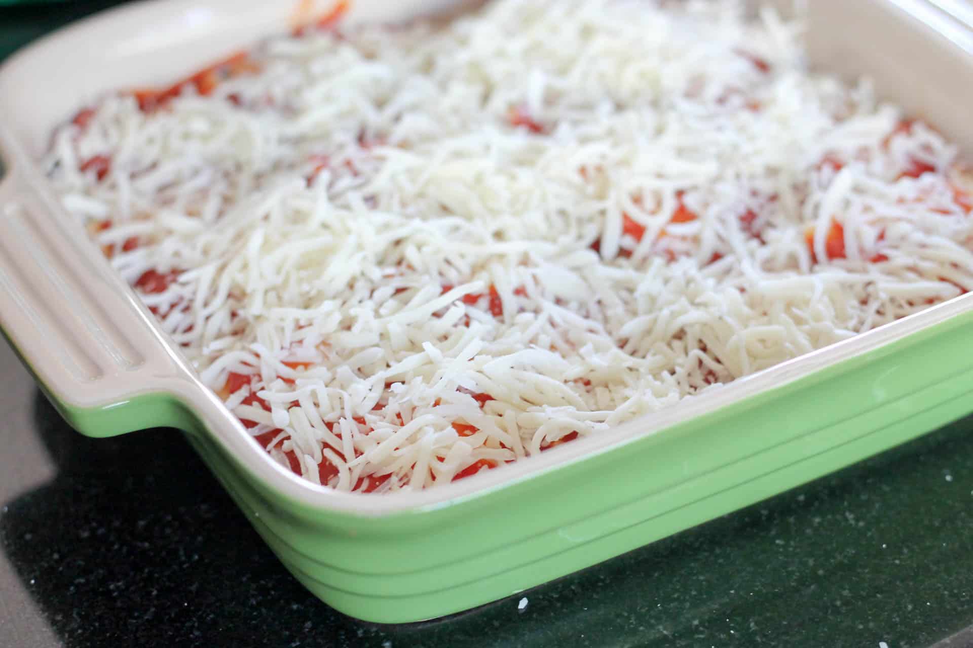 Unbaked ravioli casserole ready for oven