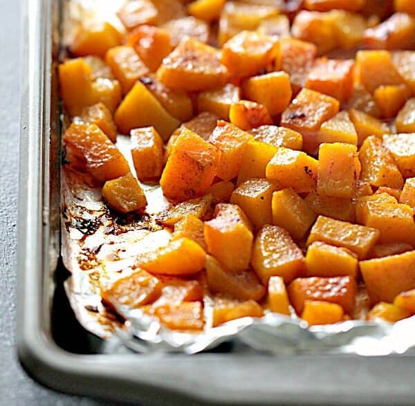 Roasted Honey Cinnamon Butternut Squash on a sheet pan