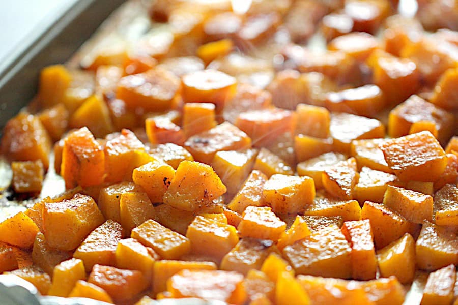 Roasted Honey Cinnamon Butternut Squash on a sheet pan