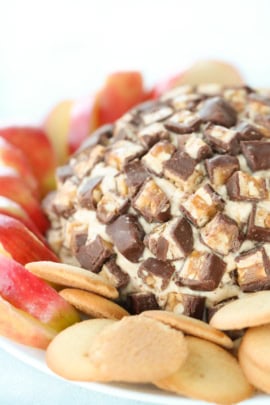A dessert ball studded with chocolate and caramel chunks, surrounded by apple slices and cookies on a white plate.