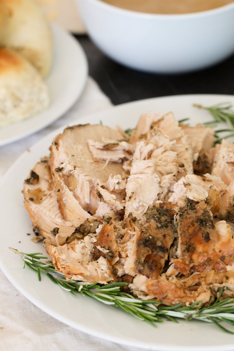 Slow Cooker Turkey Breast carved meat on a plate
