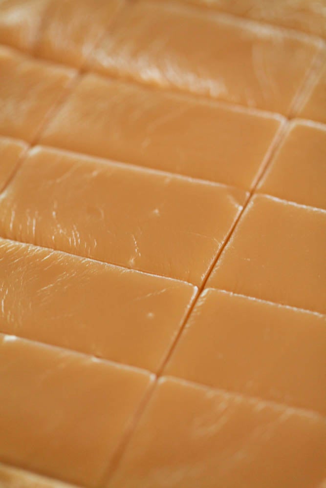microwave caramels set up and cut into rectangles in the pan