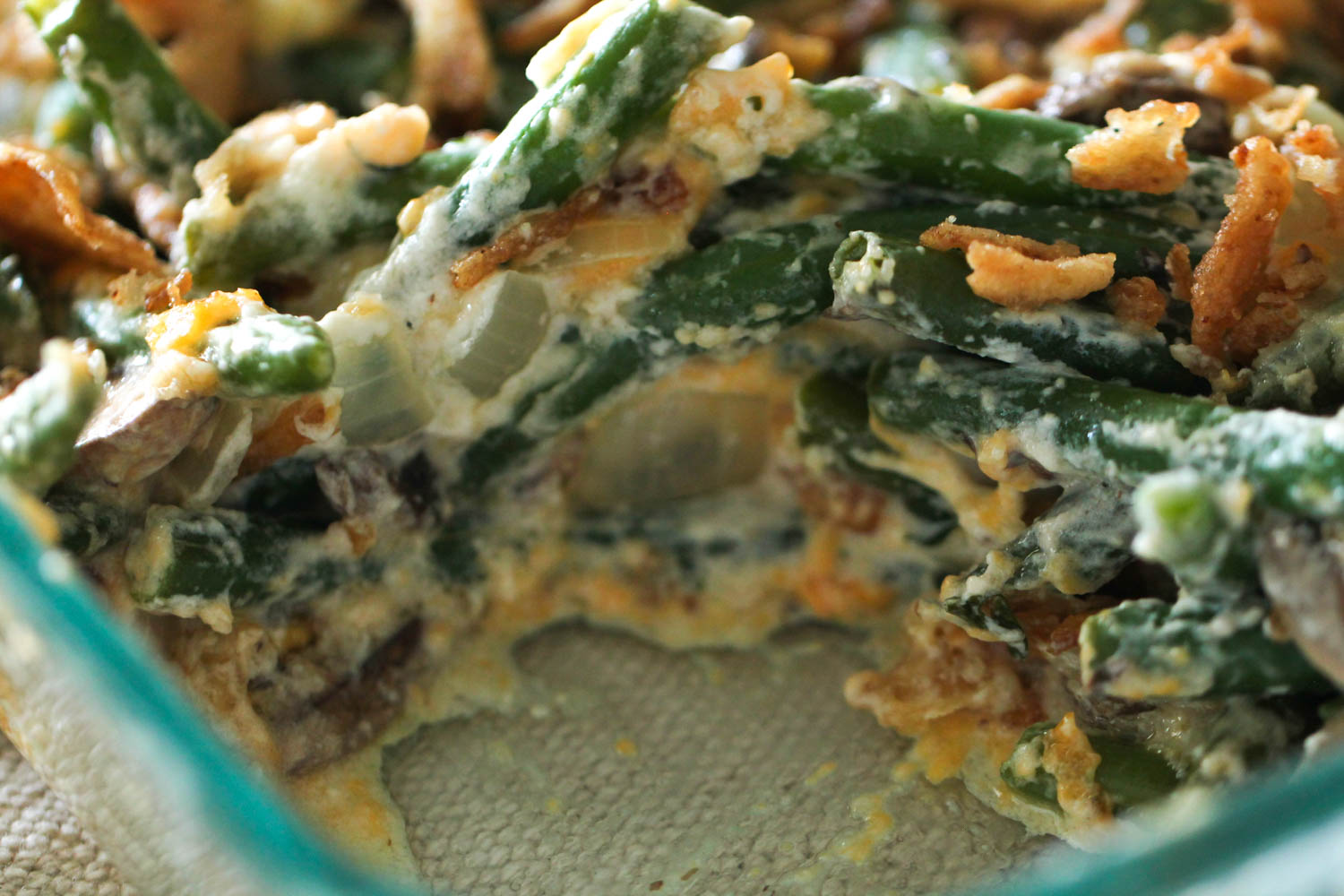Homemade Green Bean Casserole without Condensed Soup in a baking dish