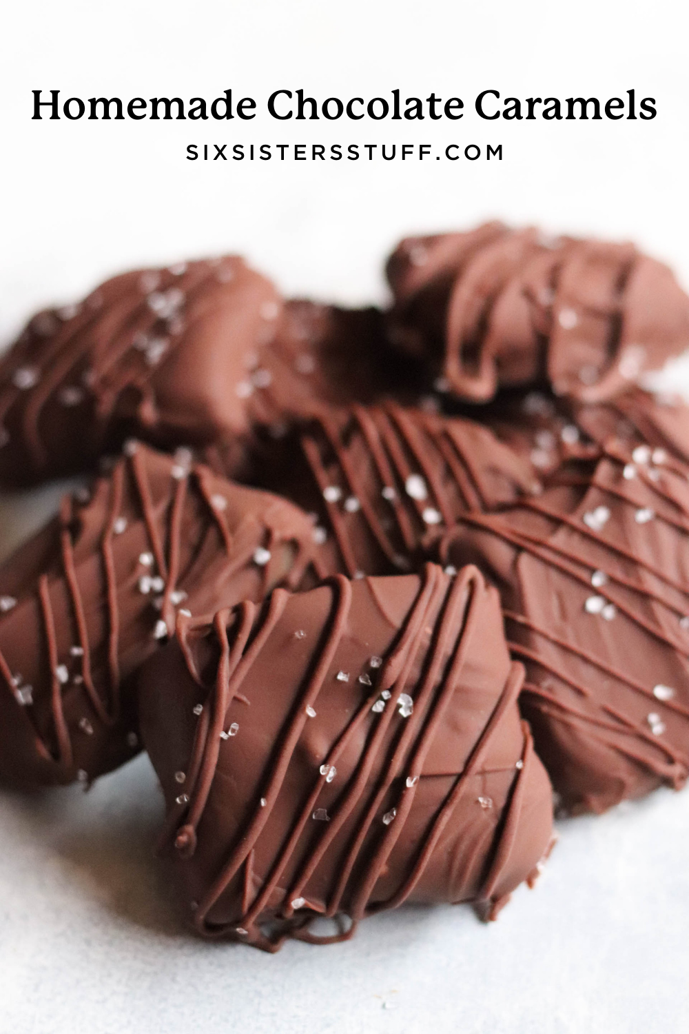 milk chocolate caramels drizzled with chocolate topped with salt
